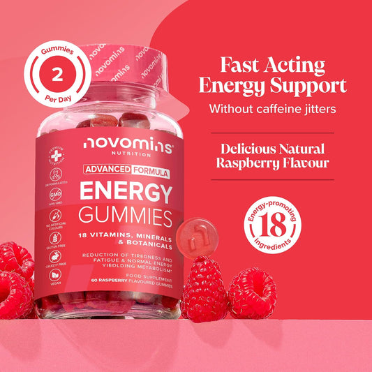 Energy Gummies - High Strength Alternative To Running Gels, Energy Tablets, & Energy Gels For Running - Caffeine Free Supplements - For Running, Cycling, Studying - Novomins