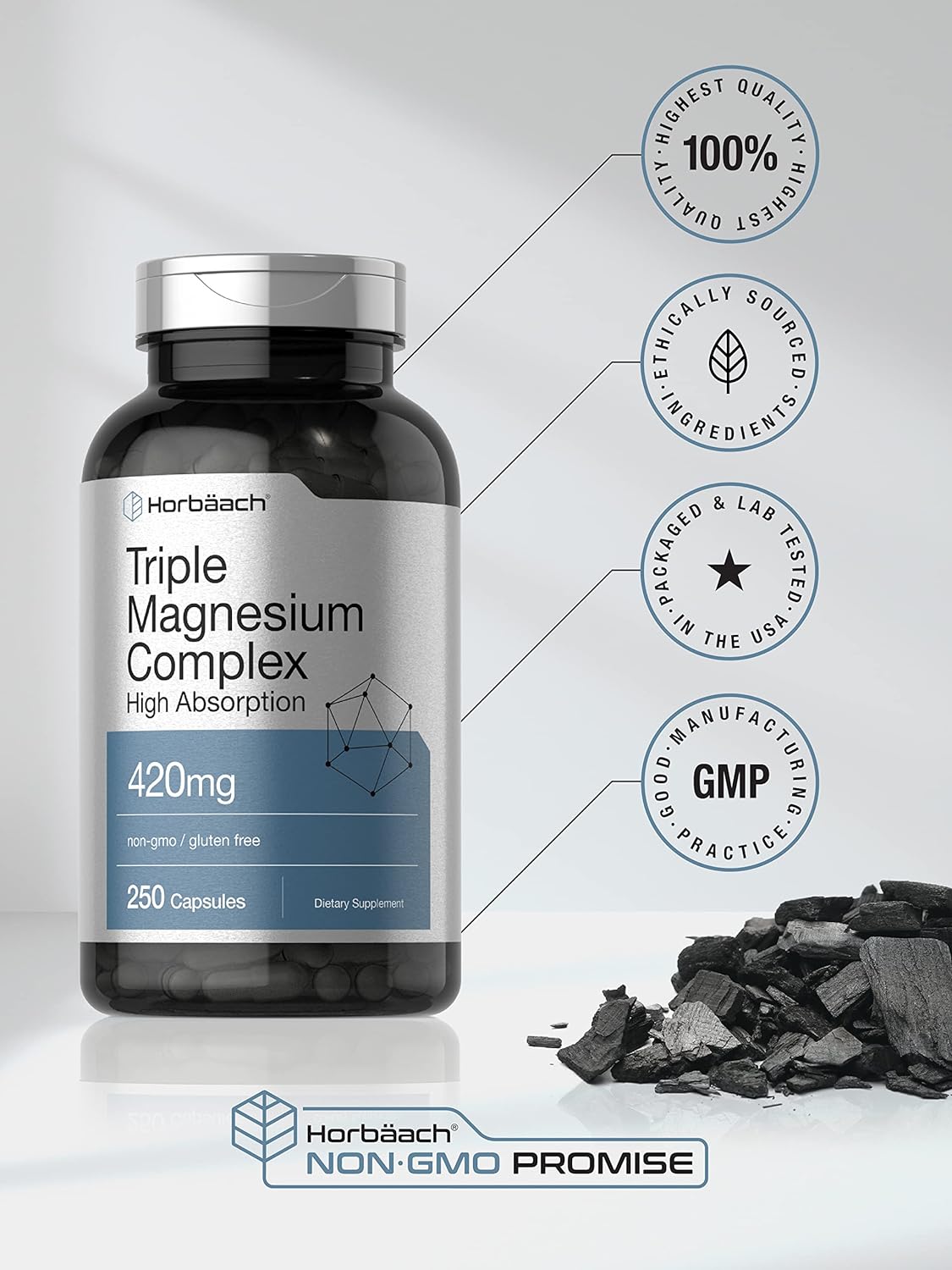 Horbäach Triple Magnesium Complex | 420 mg | 250 Capsules | Non-GMO and Gluten Free Formula | Magnesium Oxide, Citrate, and Aspartate Dietary Supplement : Health & Household