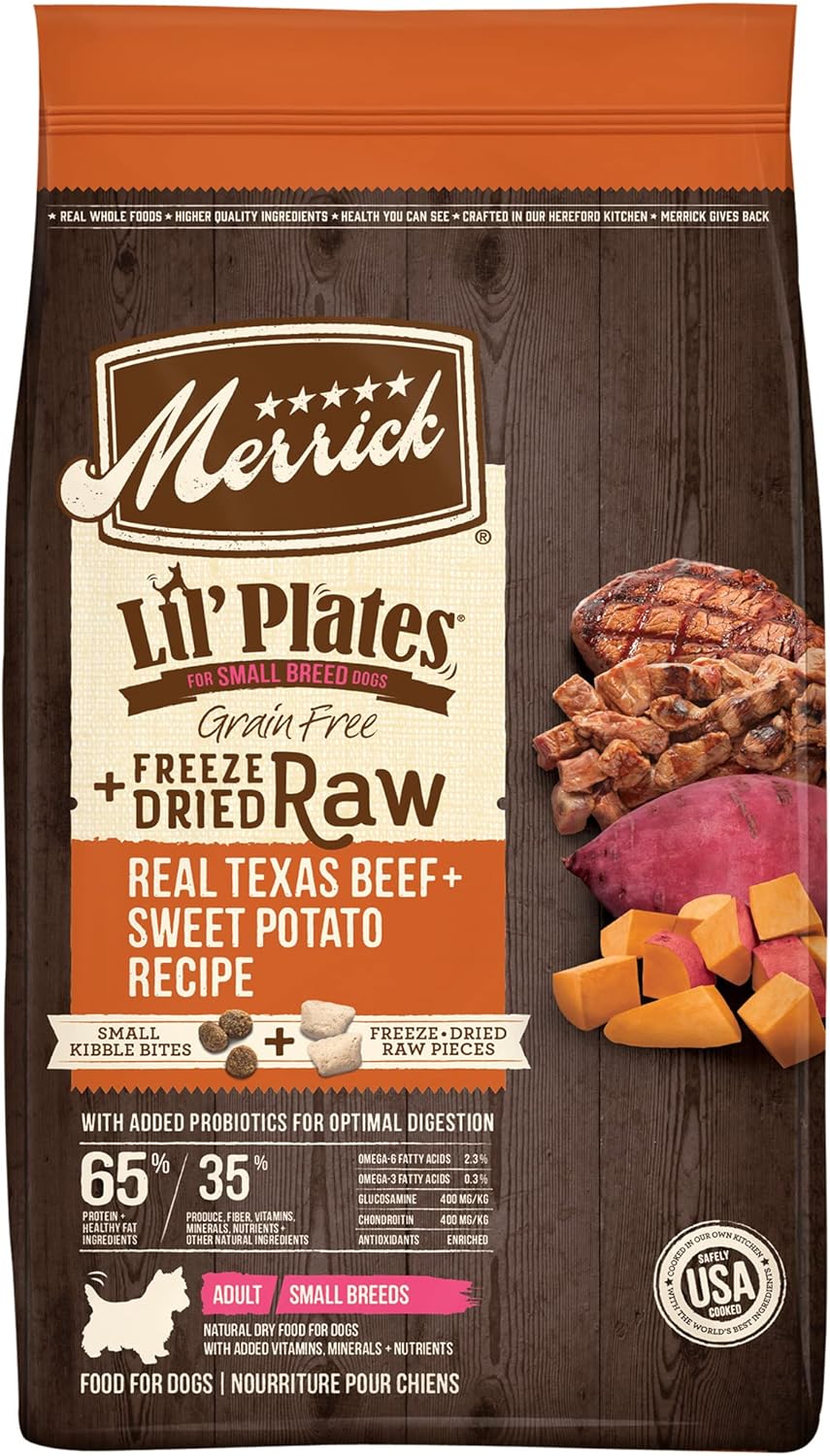 Merrick Lil’ Plates Grain Free Dry Dog Food For Small Dogs, Texas Beef And Sweet Potato Kibble With Raw Bites - 4.0 Lb. Bag