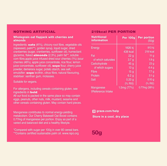 Graze Cherry Bakewell Oat Flapjacks, Vegetarian Snacks, 3 Bars Per Punnet, Whole Oats & Natural Flavours - Packaging May Vary - (18 X 50G Snacks)(Cherry Bakewell)