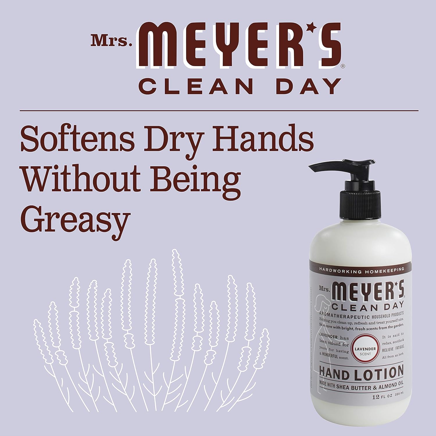 MRS. MEYER'S CLEAN DAY Hand Lotion for Dry Hands, Non-Greasy Moisturizer Made with Essential Oils, Lavender, 12 oz