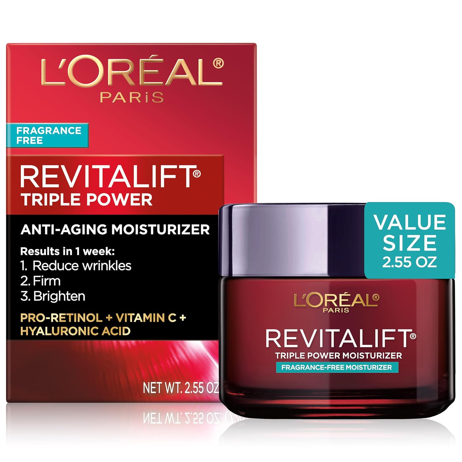 L'Oreal Paris Revitalift Triple Power Anti-Aging Face Moisturizer, Fragrance Free, Pro Retinol, Hyaluronic Acid & Vitamin C To Reduce Wrinkles, Firm & Brighten Skin, 2.55 Oz