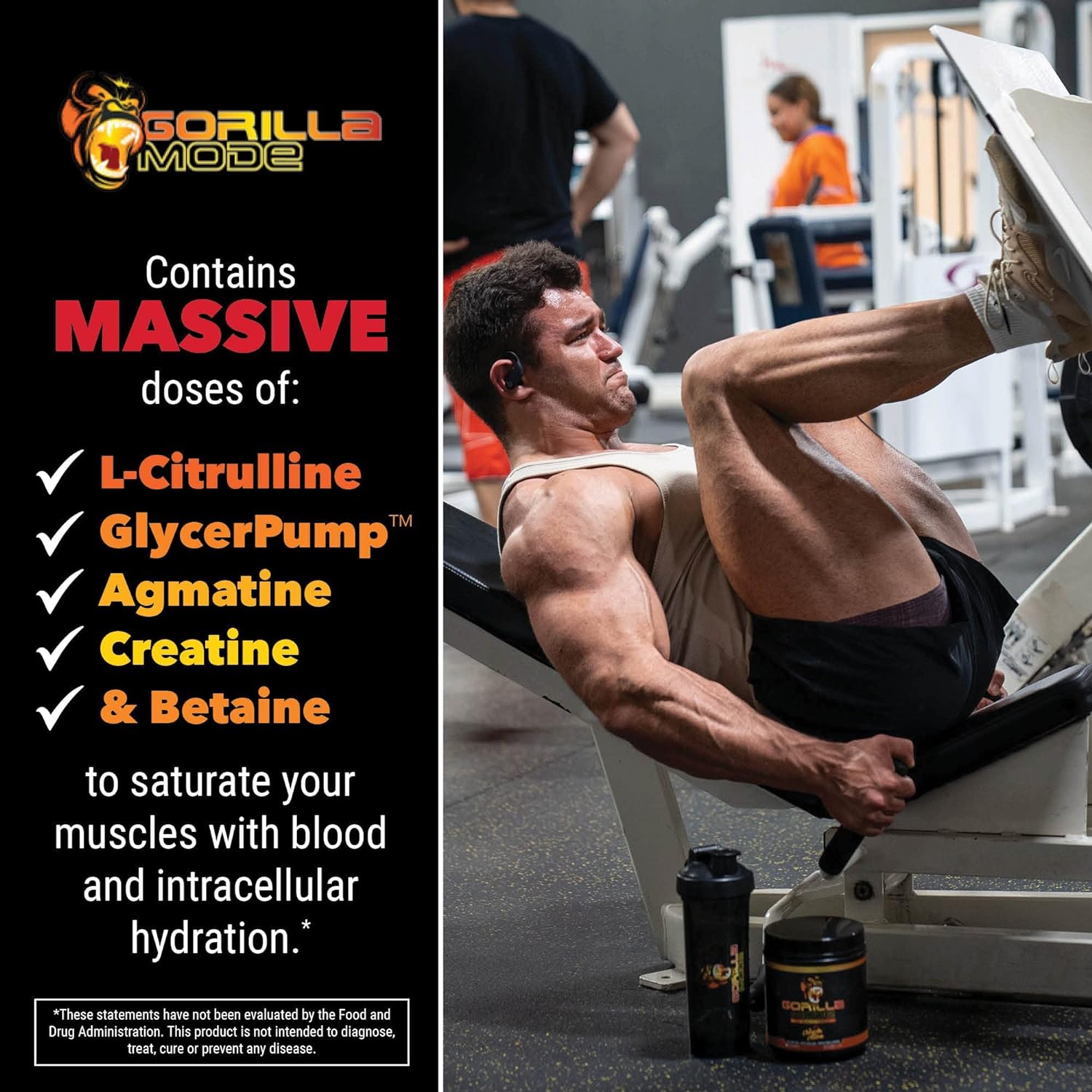 Gorilla Mode Pre Workout - Massive Pumps · Laser Focus · Energy · Power - L-Citrulline, Creatine, L-Tyrosine, Betaine, Hydroprime®, Alpha-GPC, 400mg Caffeine, Huperzine A - 796g (Orange Rush) : Health & Household