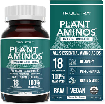 Plant Aminos Organic Essential Amino Acids (EAAs) & BCAA - 100% Plant-Based Raw, Vegan - All 9 Amino Acids with 18 Total Amino Acids (360 Tablets)