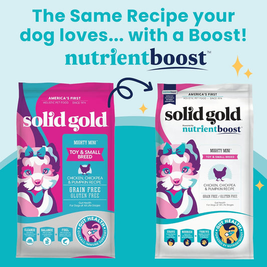 Solid Gold Nutrientboost Mighty Mini Small Breed Dog Food - Dry Dog Food Made with Real Chicken for Any Toy Breed - Grain & Gluten Free Recipe for Gut Health & Sensitive Stomach Support - 11 LB Bag