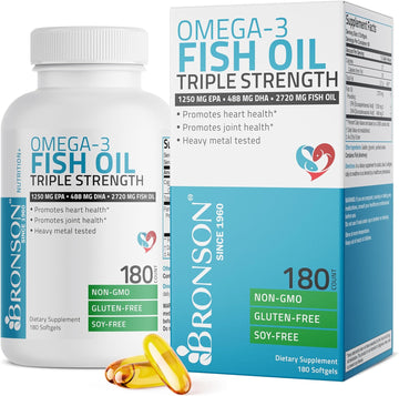 Bronson Omega 3 Fish Oil Triple Strength 2720 Mg, High Epa 1250 Mg Dha 488 Mg, Non-Gmo Heavy Metal Tested, 180 Softgels