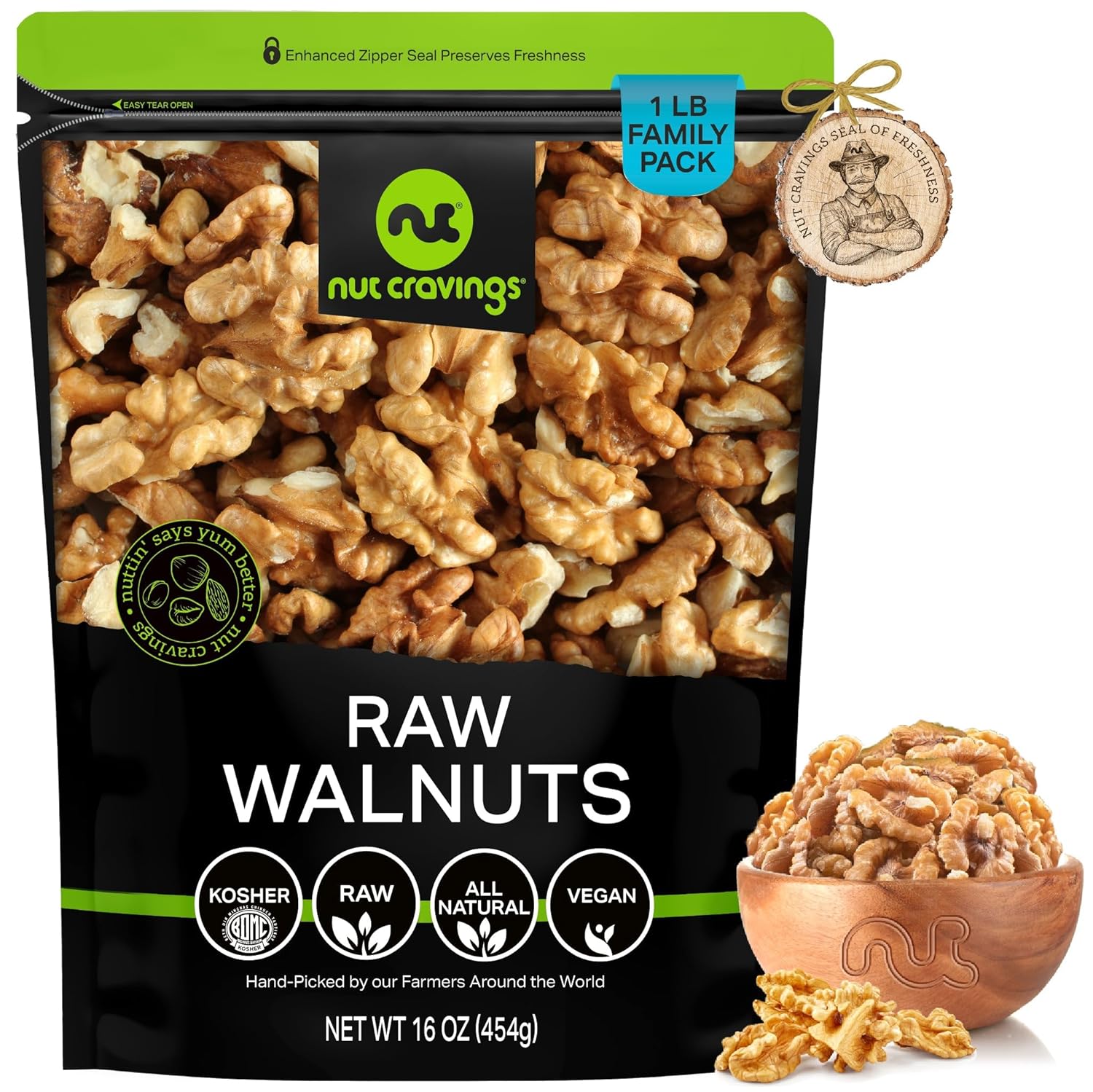 Nut Cravings - Raw Walnuts Halves & Pieces, Unsalted, Shelled, (16Oz - 1 Lb) Bulk Nuts Packed Fresh In Resealable Bag - Kosher Healthy Snack, Natural Keto Vegan - Ideal For Trail Mixed Nuts