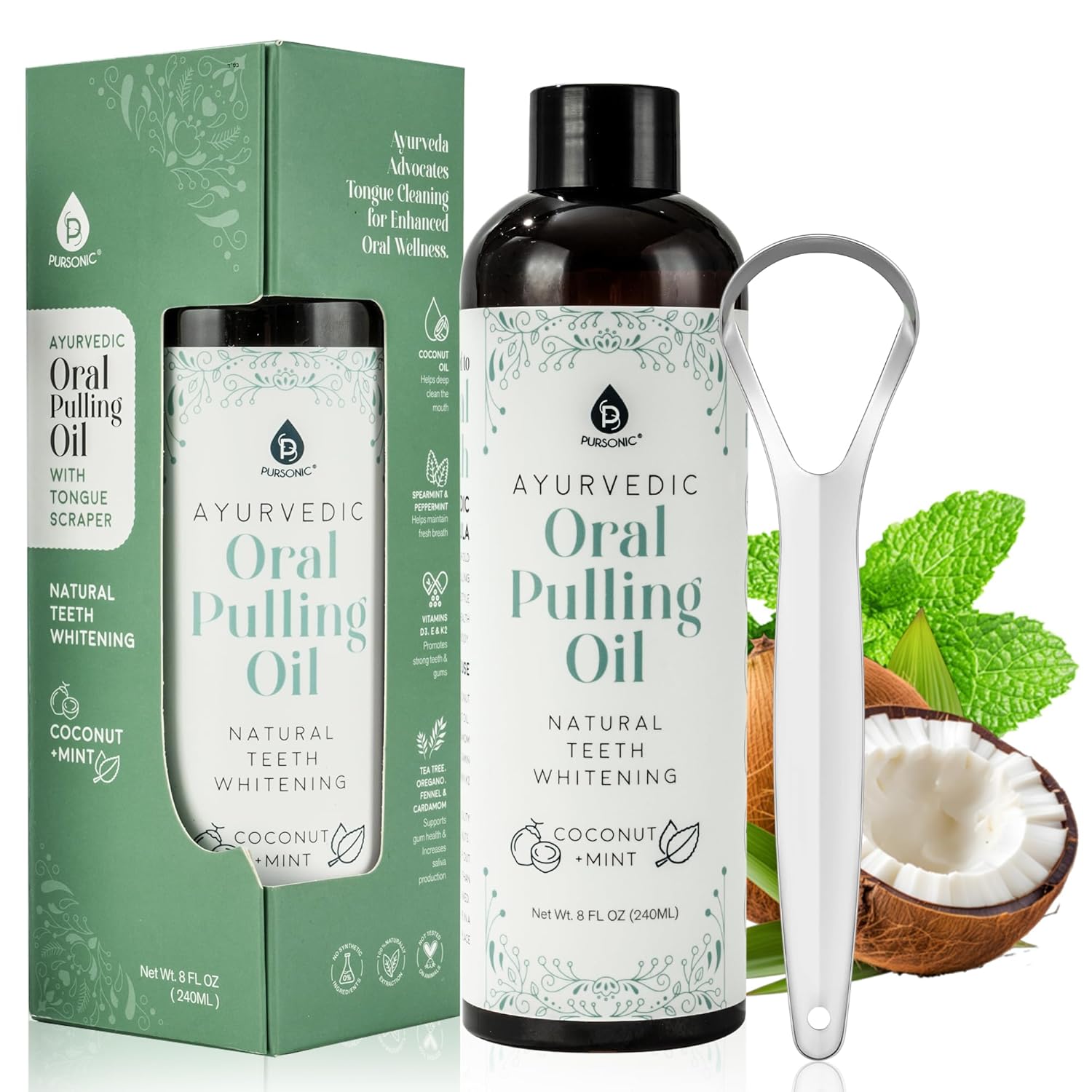 Pursonic Mint & Coconut Oil Pulling For Teeth With Tongue Scraper - 8Oz Ayurvedic Pulling Oil For Teeth And Gums Strengthening & Plaque, Decay Prevention - Coconut Oil For Teeth Whitening & Oral Care