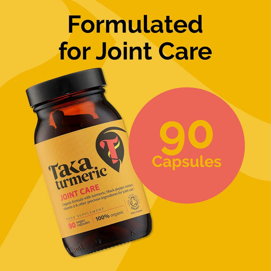 Taka Turmeric, 90 Caps Organic Joint Care Supplements With Turmeric Black Pepper Extract Vitamin D & Ginger, Organic Turmeric Ginger And Black Pepper Capsules, Vegan, Recyclable Packaging