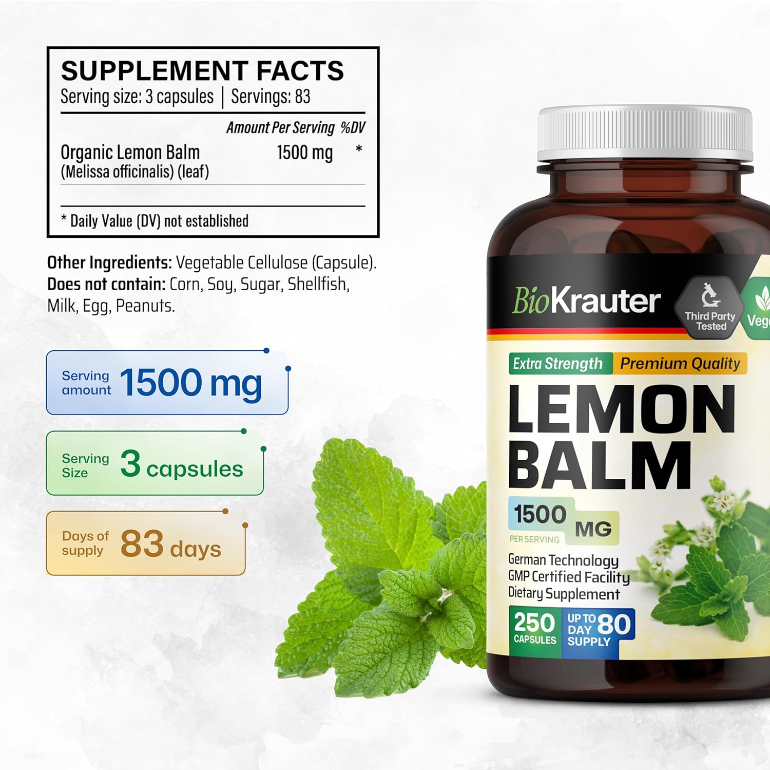 BIO KRAUTER Lemon Balm Herb Capsules - Vegan Organic Melissa Herbal Supplement 1500 mg - 250 Natural Relaxation and Rest Pills : Health & Household