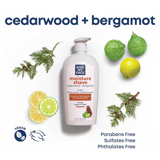 Kiss My Face Cedarwood + Bergamot Moisture Shave - 4 In 1 Shaving Cream - Cruelty Free And Vegan - With Added Olive Oil And Aloe Leaf Extract - Vitamin E Rich