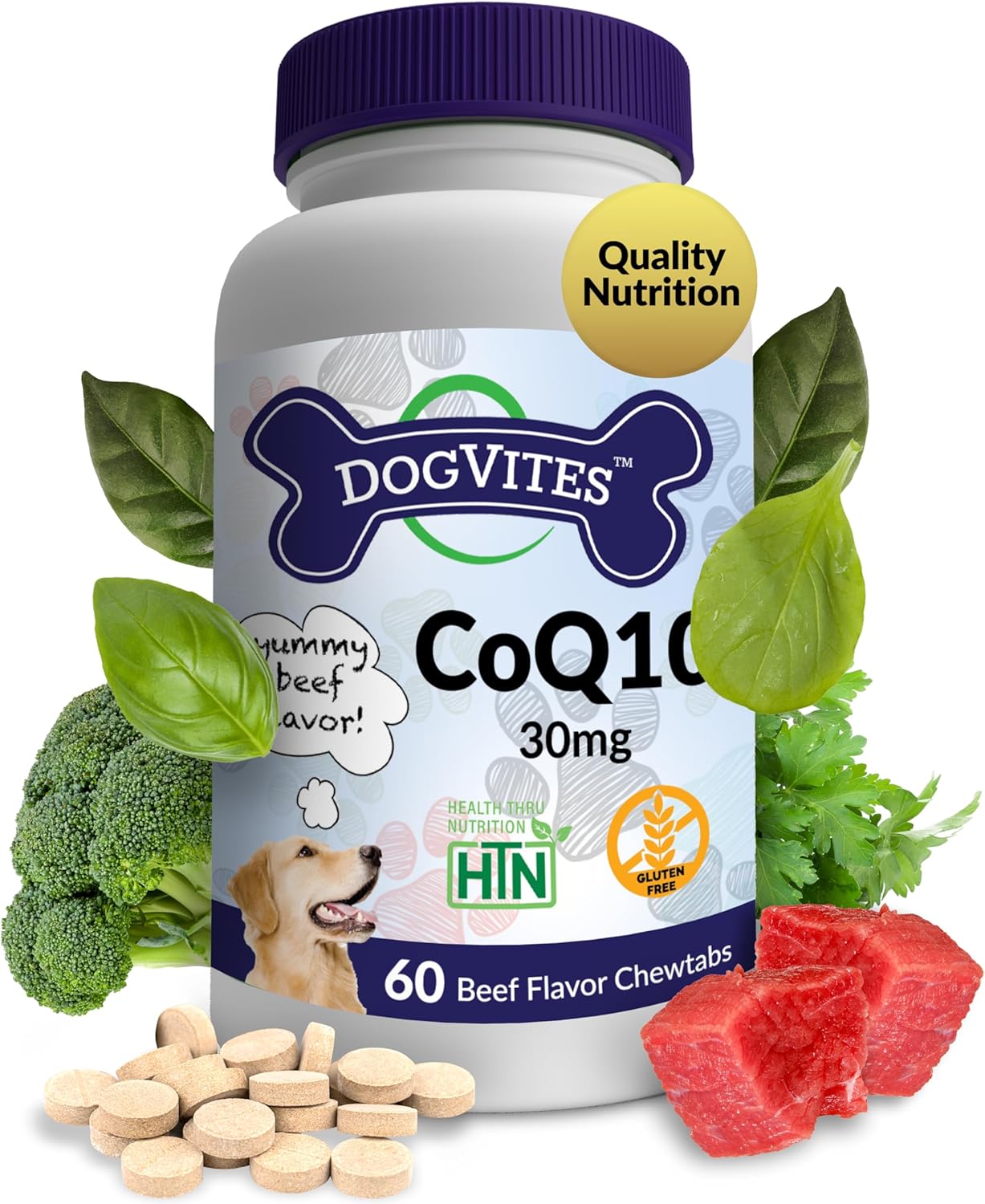 Health Thru Nutrition Dog-Vites Coq10 For Dogs, 60 Beef-Flavored Chewable Tablets, 30Mg