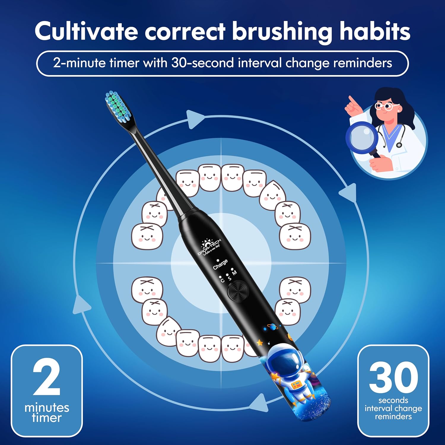 DADA-TECH Kids Electric Toothbrush Rechargeable, Soft Tooth Brush with Timer Powered by Sonic Technology for Children Boys and Girls Age 3+, Waterproof and 3 Modes (Astronaut Black) : Health & Household