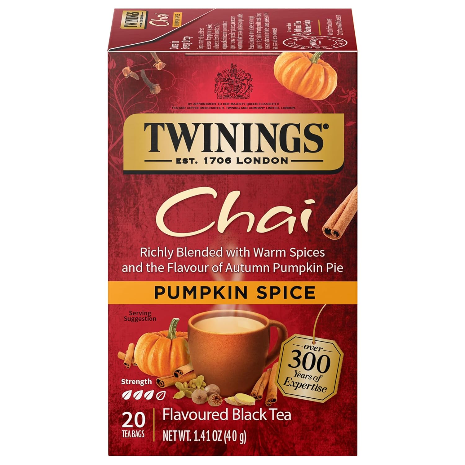 Twinings Pumpkin Spice Chai Black Tea Individually Wrapped Bags, 20 Count (Pack Of 1), Warm, Spicy & Aromatic, Caffeinated, Enjoy Hot Or Iced