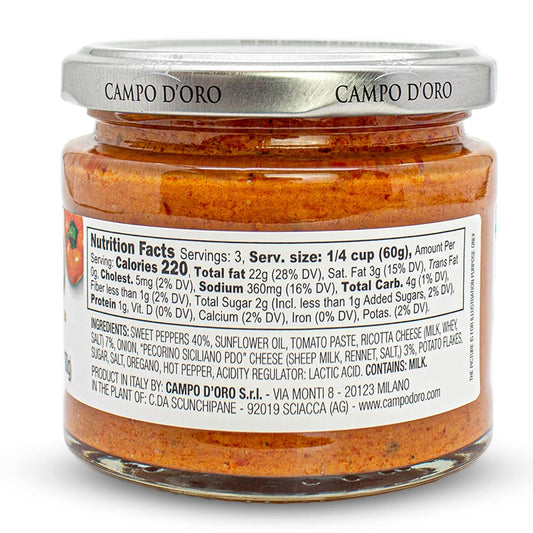 Sicilian Pepper Pesto With Ricotta And Pecorino, Glass Jar 6,3 Oz. Campo D'Oro, Italian Specialties. Sicilian Ready Sauce With Sicilian Peppers, Ricotta And Pecorino. 100% Made In Italy