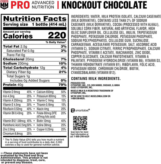 Muscle Milk Pro Advanced Nutrition Protein Shake, Knockout Chocolate, 14 Fl Oz Bottle, 12 Pack, 40G Protein, 1G Sugar, 16 Vitamins & Minerals, 6G Fiber, Workout Recovery, Packaging May Vary