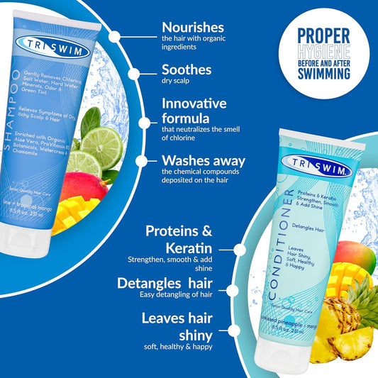 Triswim - Chlorine Removal Hair Care Bundle, After Swim Care Shampoo And Moisturizing Conditioner, Anti-Chlorine Hair Protection For Swimmers, Removes Green Tint, Vegan & Cruelty Free (251+251 Ml)