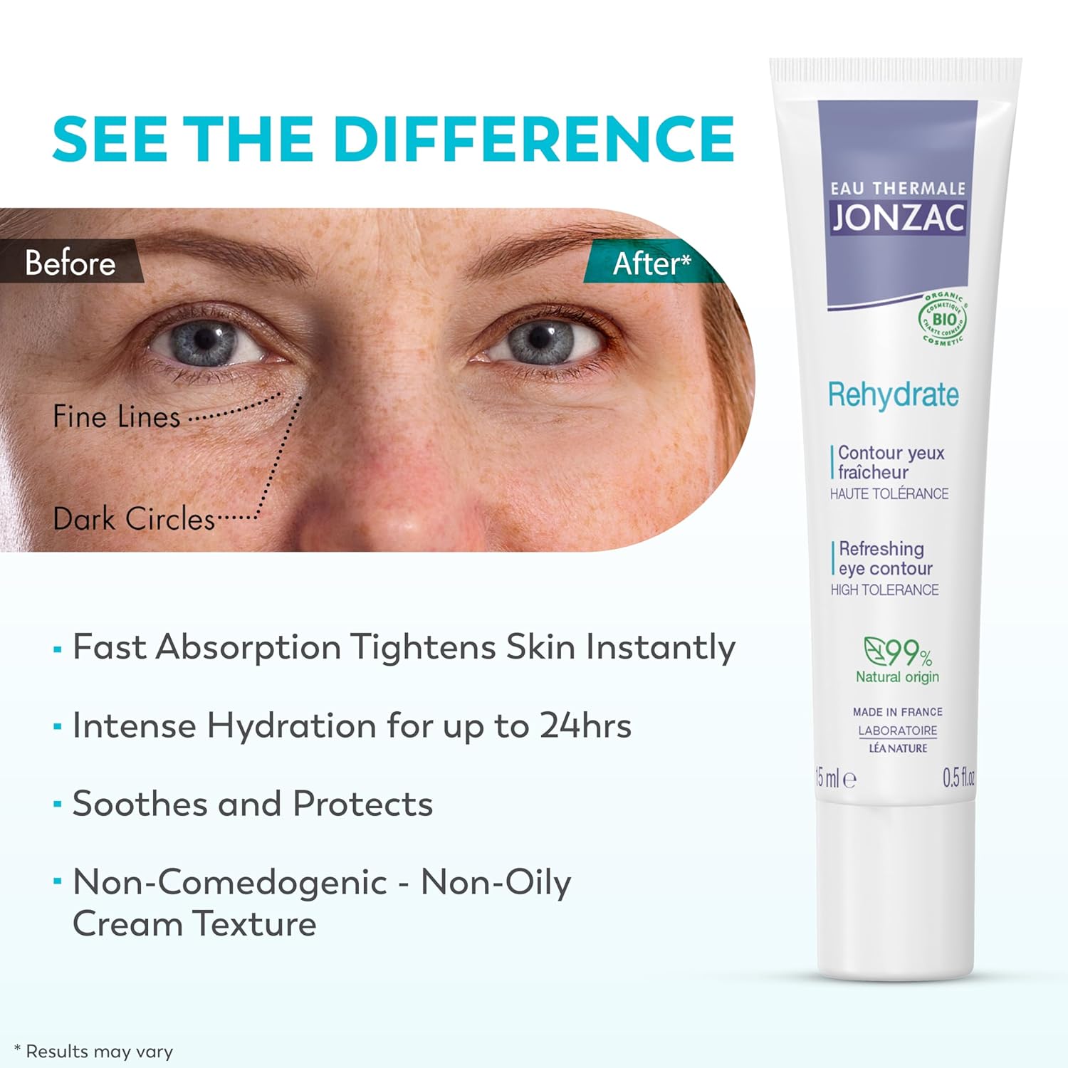 Eau Thermale Jonzac Rehydrate Organic Refreshing Eye Contour Cream - Soothing Hydration With Hyaluronic Acid For Dark Circles -For Sensitive Skin 0.5 Fl Oz : Beauty & Personal Care