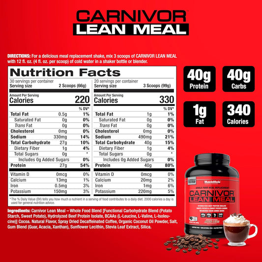 Musclemeds Carnivor Lean Meal Whole Food Meal Replacement Shake, Mre, Beef Protein Isolate, White Potato, Sweet Potato, 40G Protein, 40 G Carbs, Lactose Free, Sugar Free, Mocha Latte 20 Servings