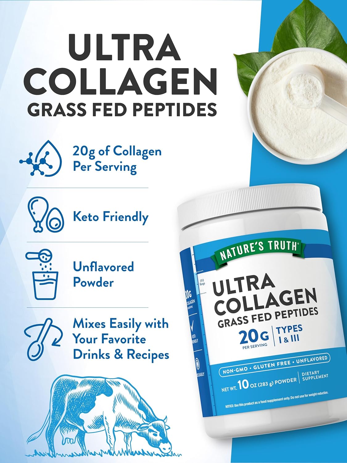 Nature'S Truth Collagen Peptides Powder Unflavored | Grass Fed, Type 1 & 3 | 10 Oz | Keto Friendly | Mixes Easily | Non-Gmo, Gluten Free Supplement