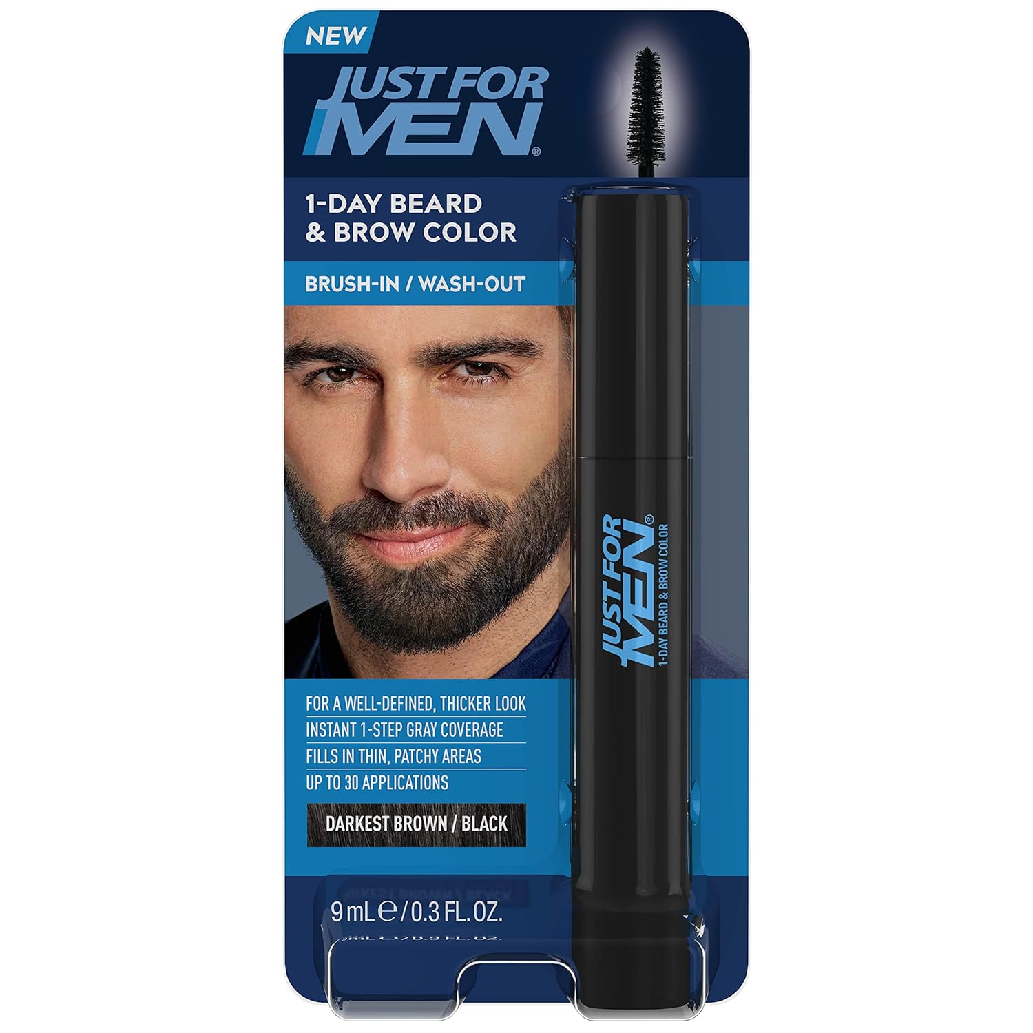 Just for Men 1-Day Beard & Brow Color, Temporary Color for Beard and Eyebrows, For a Fuller, Well-Defined Look, Up to 30 Applications, Darkest Brown/Black