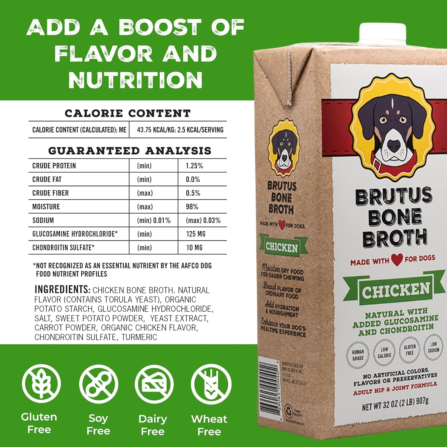 Brutus Chicken Broth for Dogs - All Natural Chicken Bone Broth for Dogs with Chondroitin Glucosamine Turmeric -Human Grade Dog Food Toppers for Picky Eaters & Dry Food -Tasty & Nutritious- Pack of 6 : Pet Supplies
