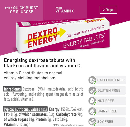 Dextro Energy Blackcurrant Glucose Tablets With Vitamin C, 47 G, 24 Packs, Energy Tablets, For A Quick Burst Of Glucose