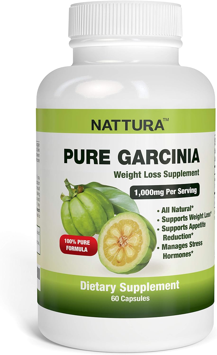 Nattura Pure Garcinia - All Natural, 100% Pure Garcinia Cambogia Formula, 1000mg Garcinia Extract Per Serving - 60 Capsules