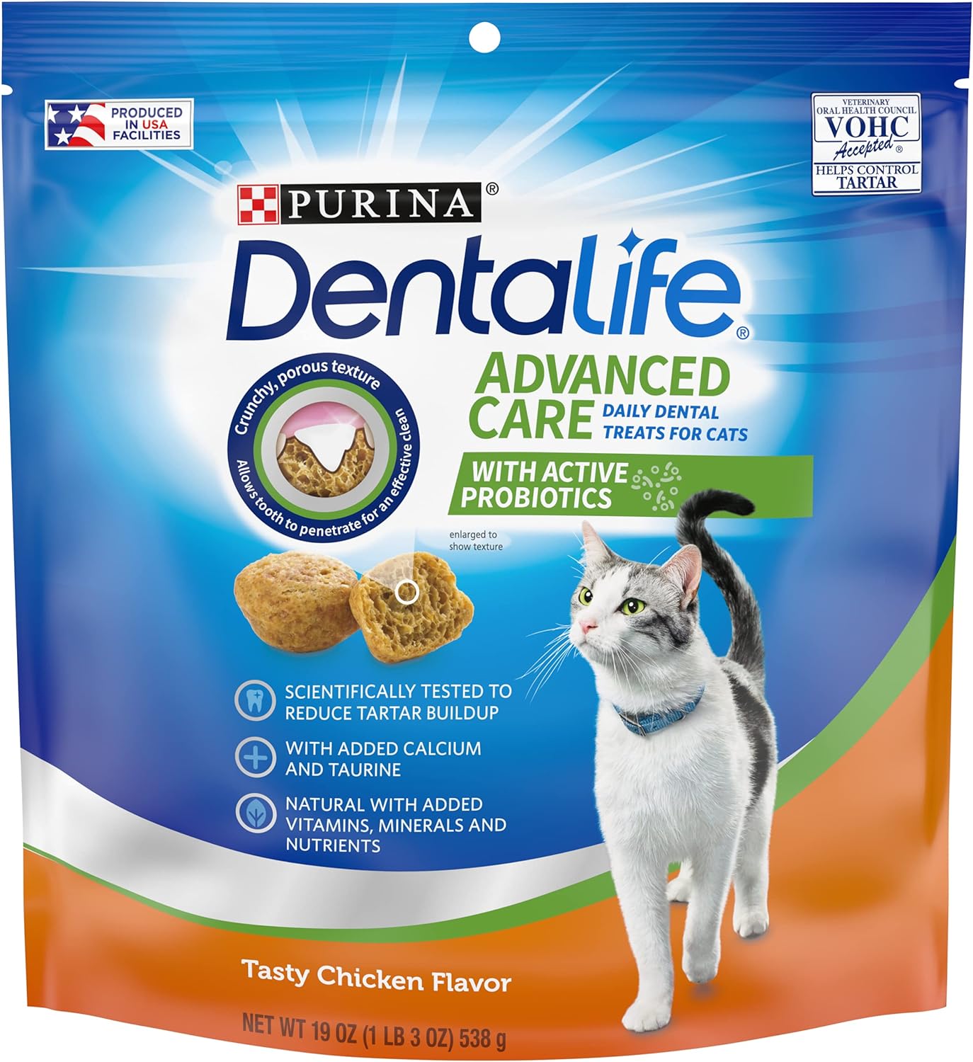 Purina DentaLife Made in USA Facilities Cat Dental Treats, Tasty Chicken Flavor - 19 oz. Pouch