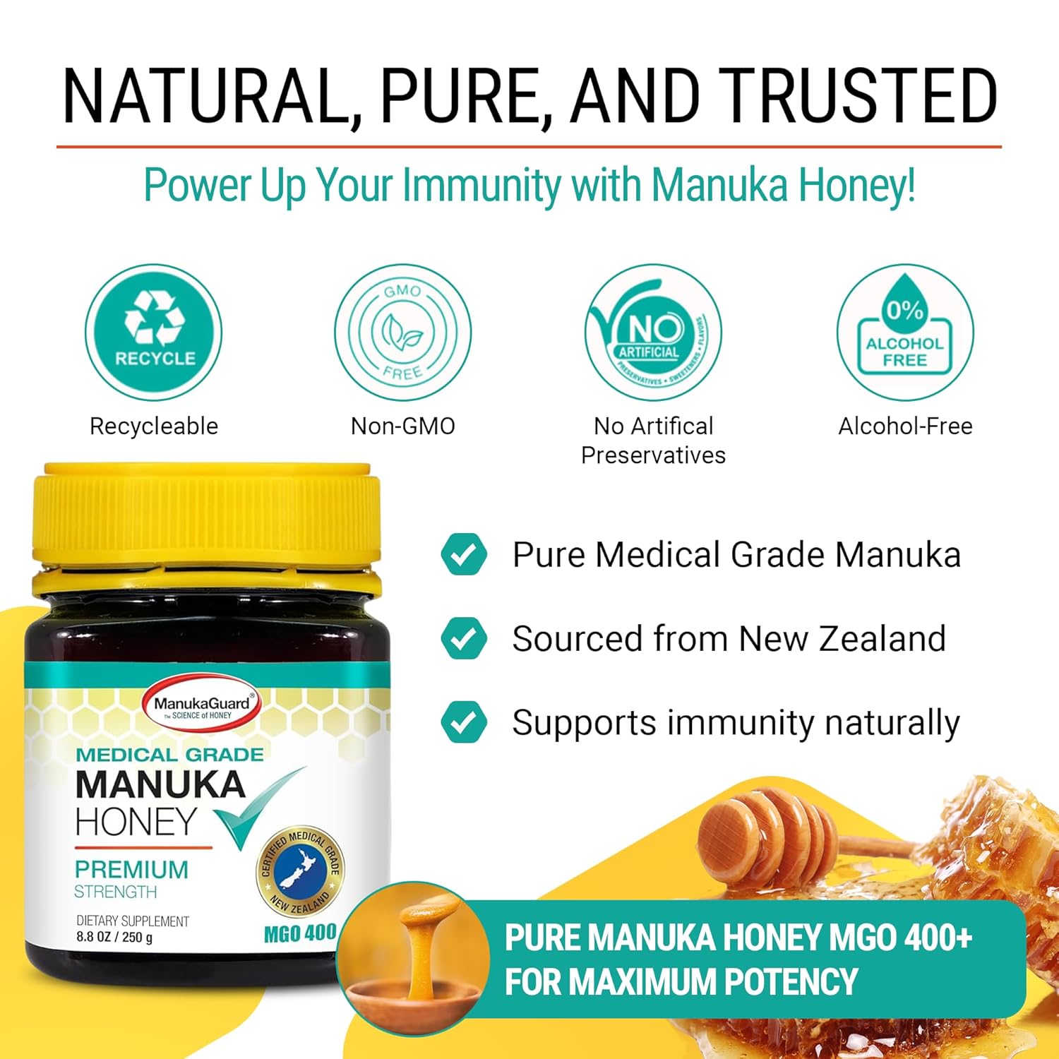 Manukaguard® Medical Grade Manuka Honey Mgo 400+ | 100% Authentic New Zealand Manuka Honey | Healing Honey For Immunity Boost | 8.8 Oz : Grocery & Gourmet Food
