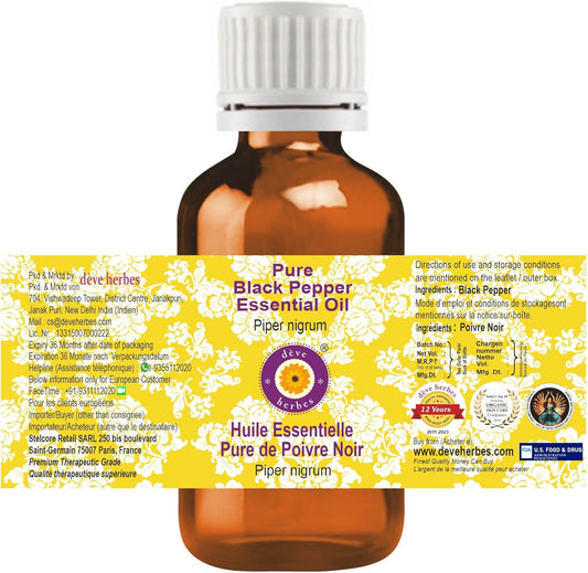 Deve Herbes Pure Black Pepper Essential Oil (Piper Nigrum) With Glass Dropper Steam Distilled 50Ml (1.69 Oz)