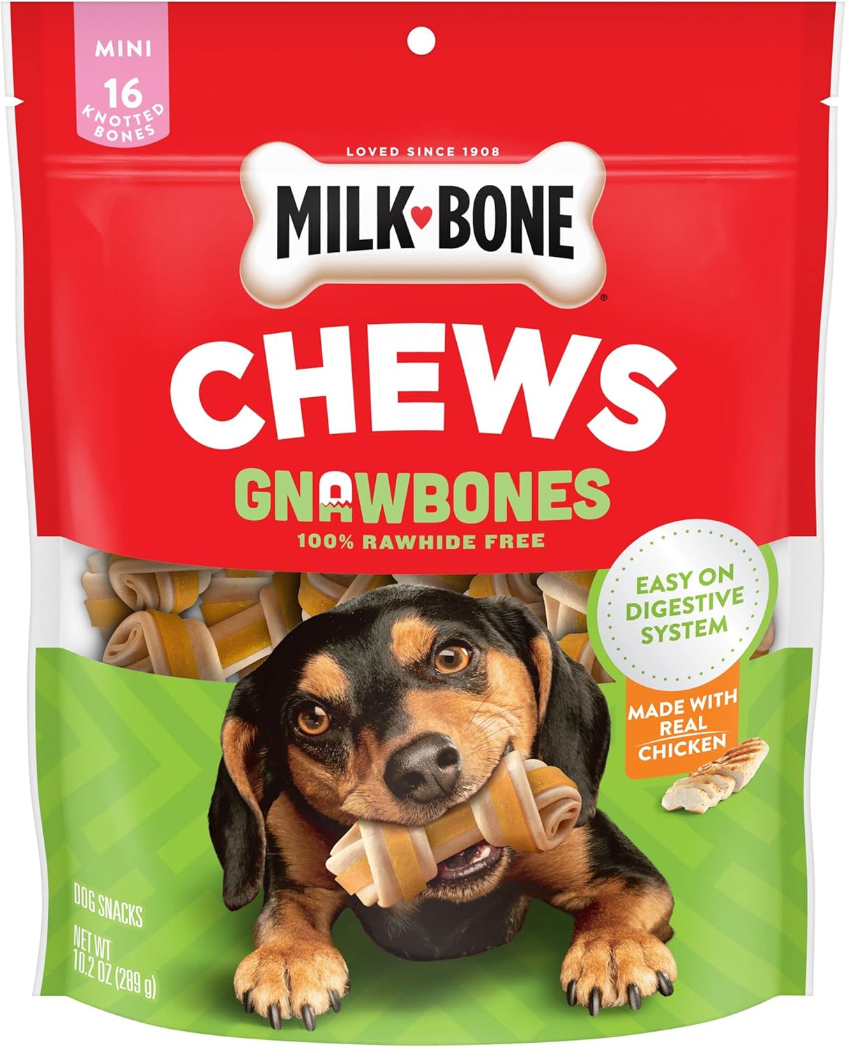 Milk-Bone Chews Gnawbones Rawhide Free Dog Treats, Chicken, 16 Long Lasting Mini Knotted Bones