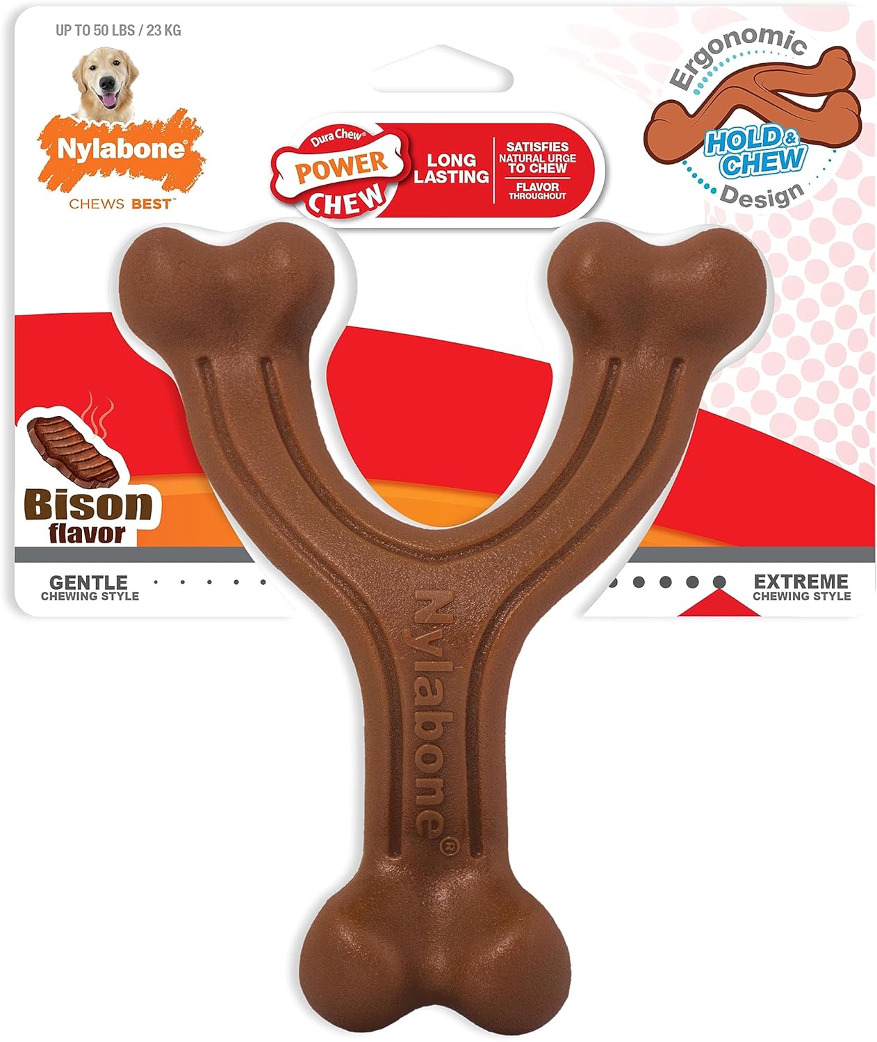 Nylabone Power Chew Ergonomic Hold & Chew Wishbone Chew Toy For Dogs, Indestructible Chew Toys For Aggressive Chewers, Bacon Flavor, Large - Up To 50 Lbs. (1 Count)