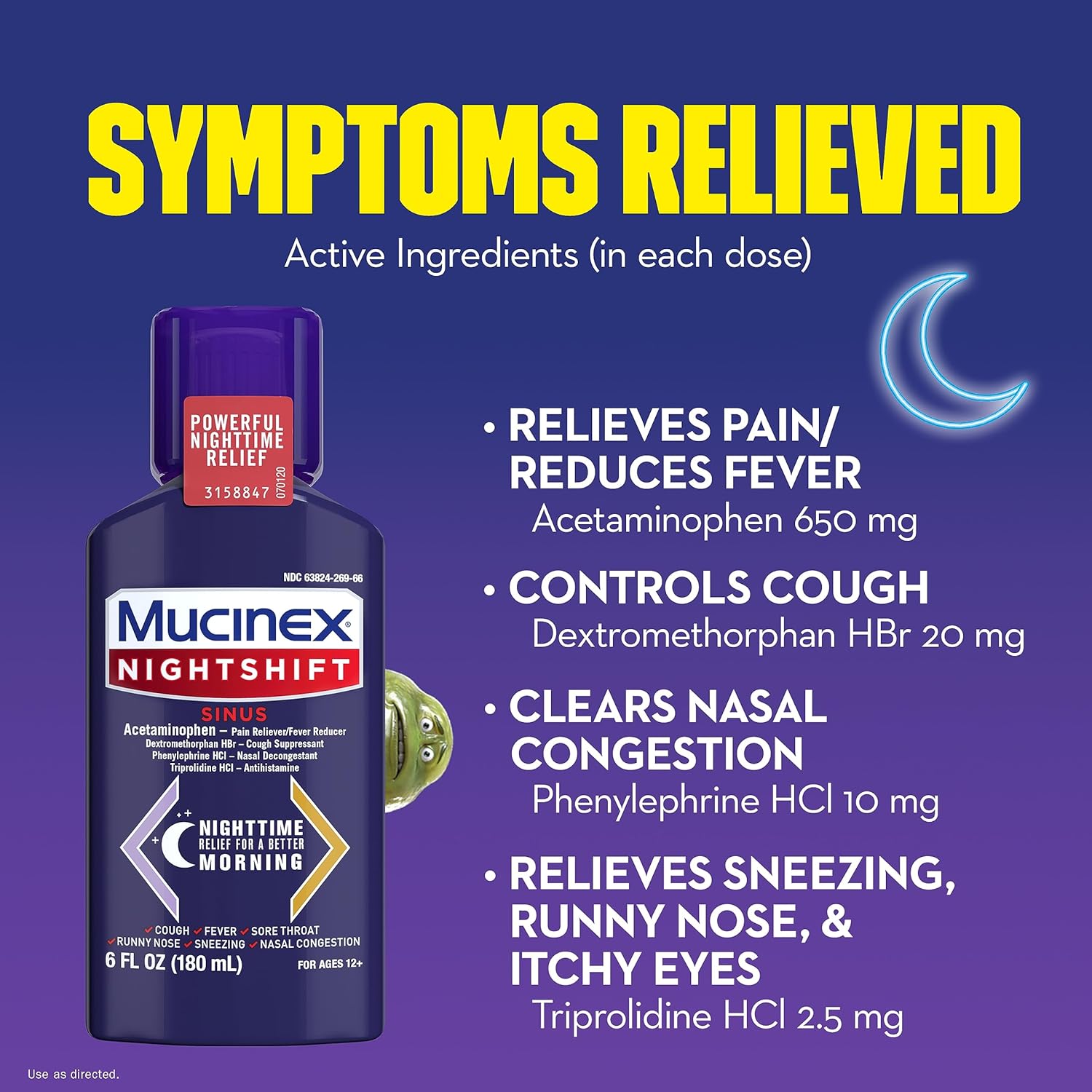 MUCINEX Nightshift Sinus 6 fl. oz. Relieves Fever, Sore Throat, Runny Nose, Sneezing, Nasal Congestion, and Controls Cough : Health & Household