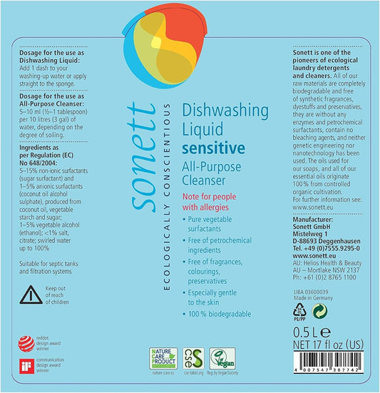 Sonett Organic Dishwashing Liquid, All Purpose Cleaner Sensitive Skin For People With Allergies (17 Fl.Oz (1 Count)) Certified Organically Grown