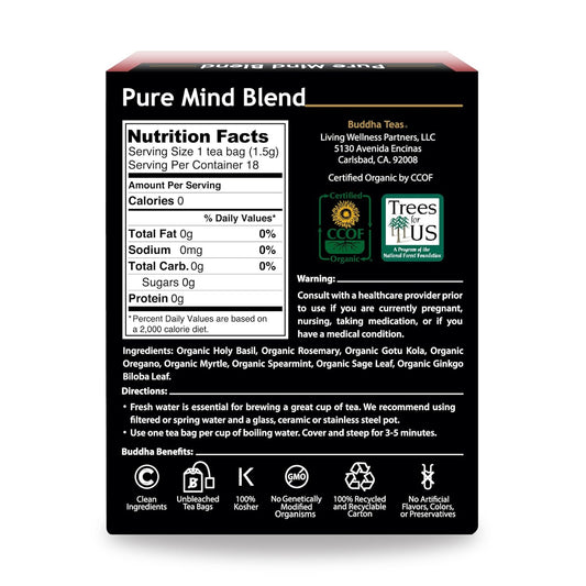 Buddha Teas - Organic Pure Mind Blend - Herbal Tea - For Health & Wellbeing - With Antioxidants & Minerals - Clean Ingredients - Caffeine Free - Ou Kosher & Non-Gmo - 18 Tea Bags (Pack Of 1)