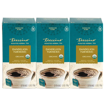 Teeccino Dandelion Turmeric Tea - Caffeine-Free, Organic, Roasted Herbal Tea With Prebiotics, 3X More Herbs Than Regular Tea Bags, Gluten Free - 25 Tea Bags (Pack Of 3)
