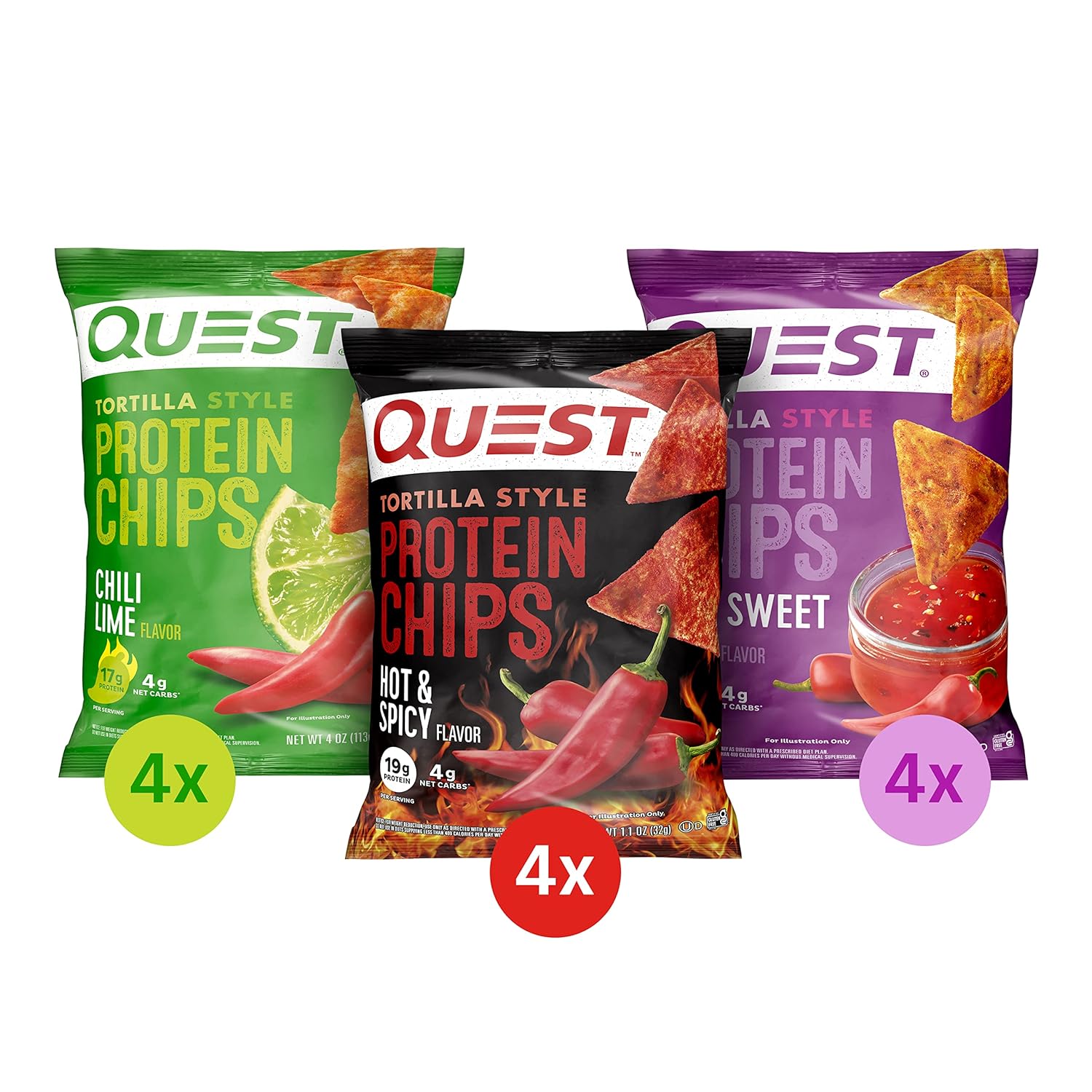 Quest Nutrition Tortilla Style Protein Chips Variety Pack, Chili Lime, Hot & Spicy, & Spicy Sweet Chili, 12 Count (3 Each Flavor)