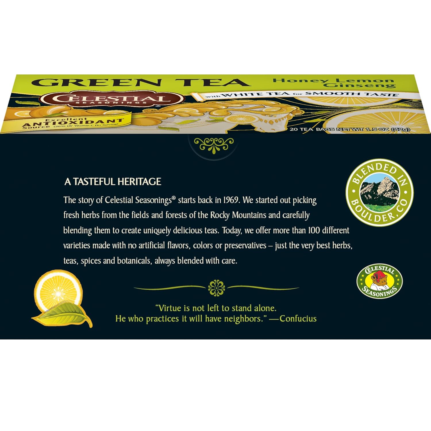 Celestial Seasonings Green Tea, Honey Lemon Ginseng, 20 Count (Pack Of 6)