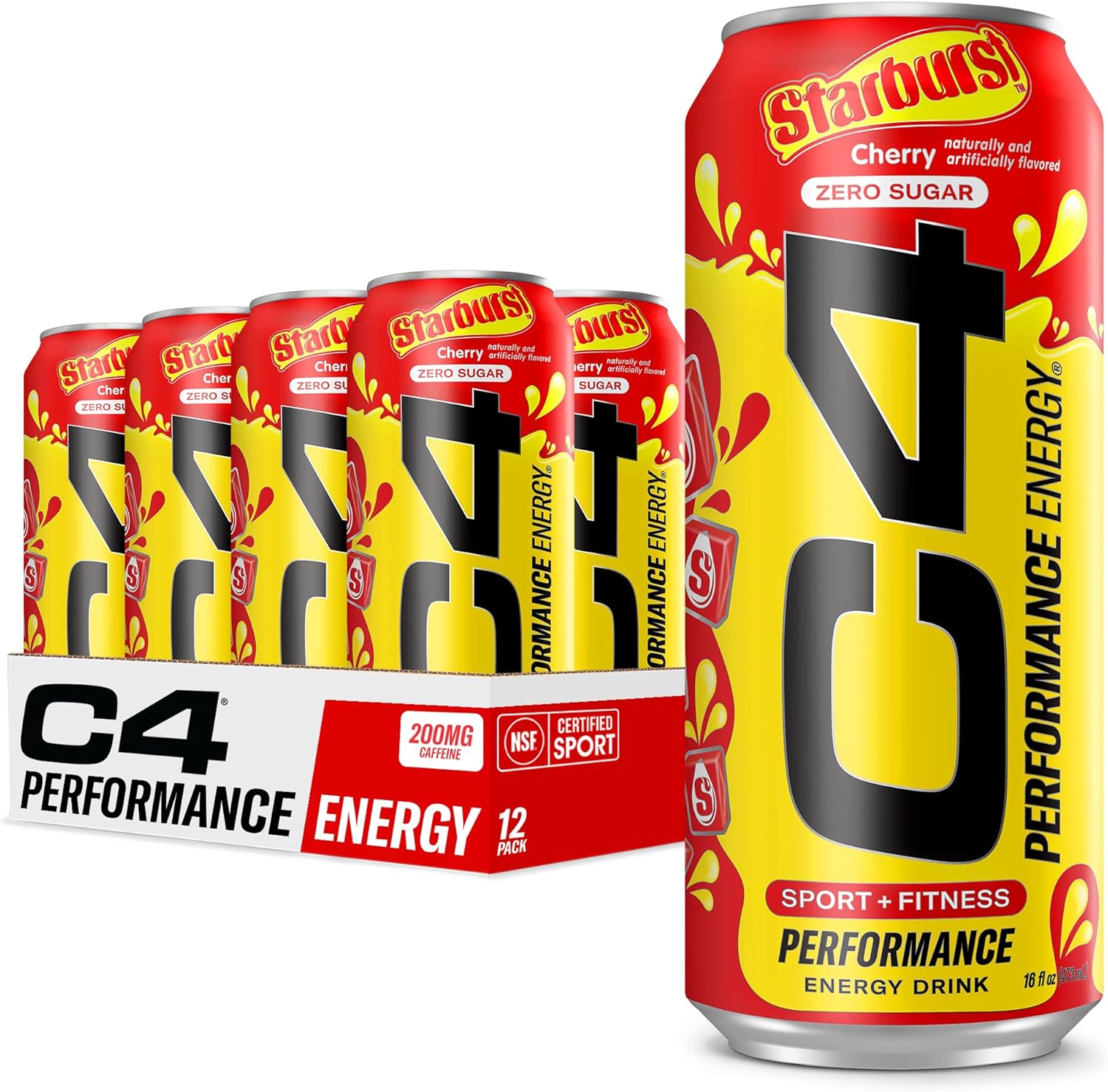 C4 Performance Energy Drink | Starbust™ Cherry | Zero Sugar Carbonated Preworkout Energy | 200Mg Caffeine With Beta Alanine | 16 Fl Oz (12 Pack)