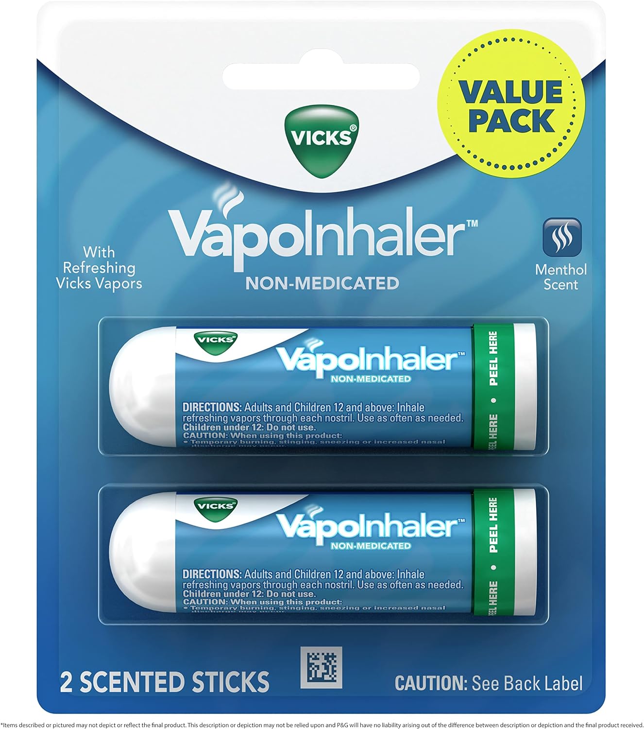 Vicks Vapoinhaler, On-The-Go Portable Nasal Inhaler, Non-Medicated, With Refreshing Vicks Vapors, Menthol Scent , 2 Scented Sticks