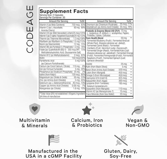 Codeage Teen’S Daily Multivitamin Supplement, 25+ Vitamins & Minerals For Teenage Boys & Girls, Organic Whole Foods Vitamins For Teenagers, Vitamin A, B, C, D, E, K, Omega-3, 60 Ct