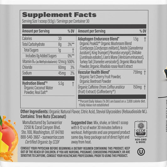 Sunwarrior Plant-Based Preworkout Powder Hydration Blend | Coconut Water Mushroom Blend Soy Free Sugar Free Gluten Free Dairy Free Synthetic Free | Peach Mango 30 Servings | Sport Active Energy