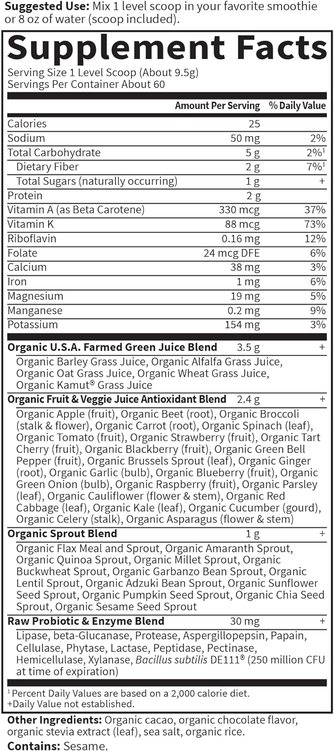 Garden of Life Raw Organic Perfect Food Green Superfood Juiced Greens Powder - Chocolate, 60 Servings, Non-GMO, Gluten Free, Vegan Whole Food Dietary Supplement, Plus Probiotics, Enzymes : Everything Else