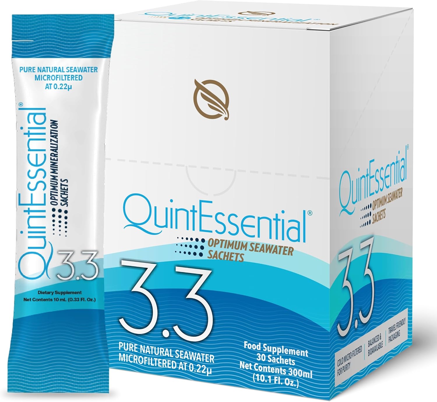 Quicksilver Scientific Quintessential 3.3 Sachets - Hypertonic Solution - Filtered Sea Water Hydration Packets - Liquid Minerals For Muscle Recovery, Stamina + Mineral Replenishment (30 Count)