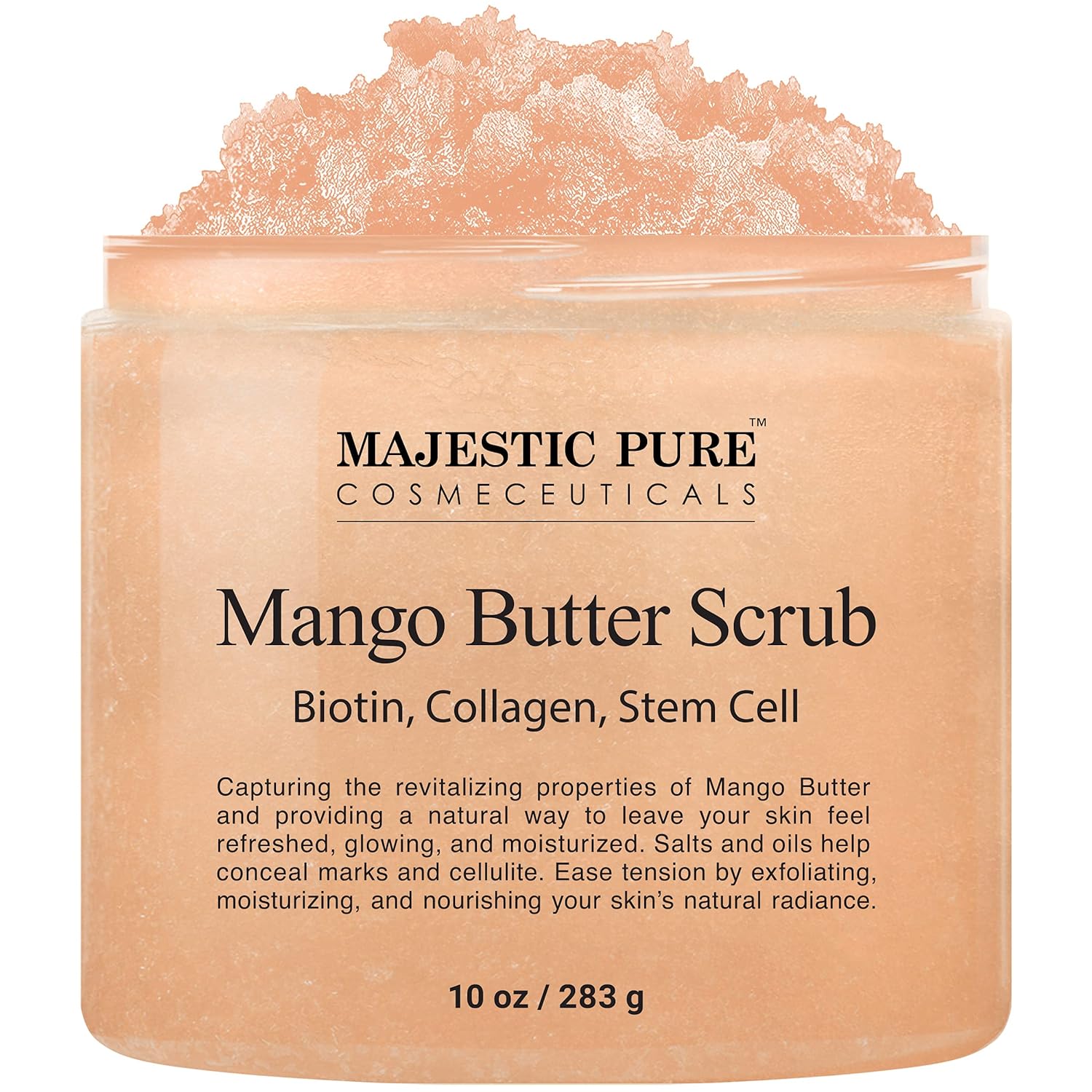 Majestic Pure Mango Butter Body Scrub - With Biotin, Collagen, Stem Cell - Exfoliating Salt Scrub to Exfoliate and Moisturize Skin - Deep Skin Cleanser - Natural Skin Care for Men and Women - 10 oz