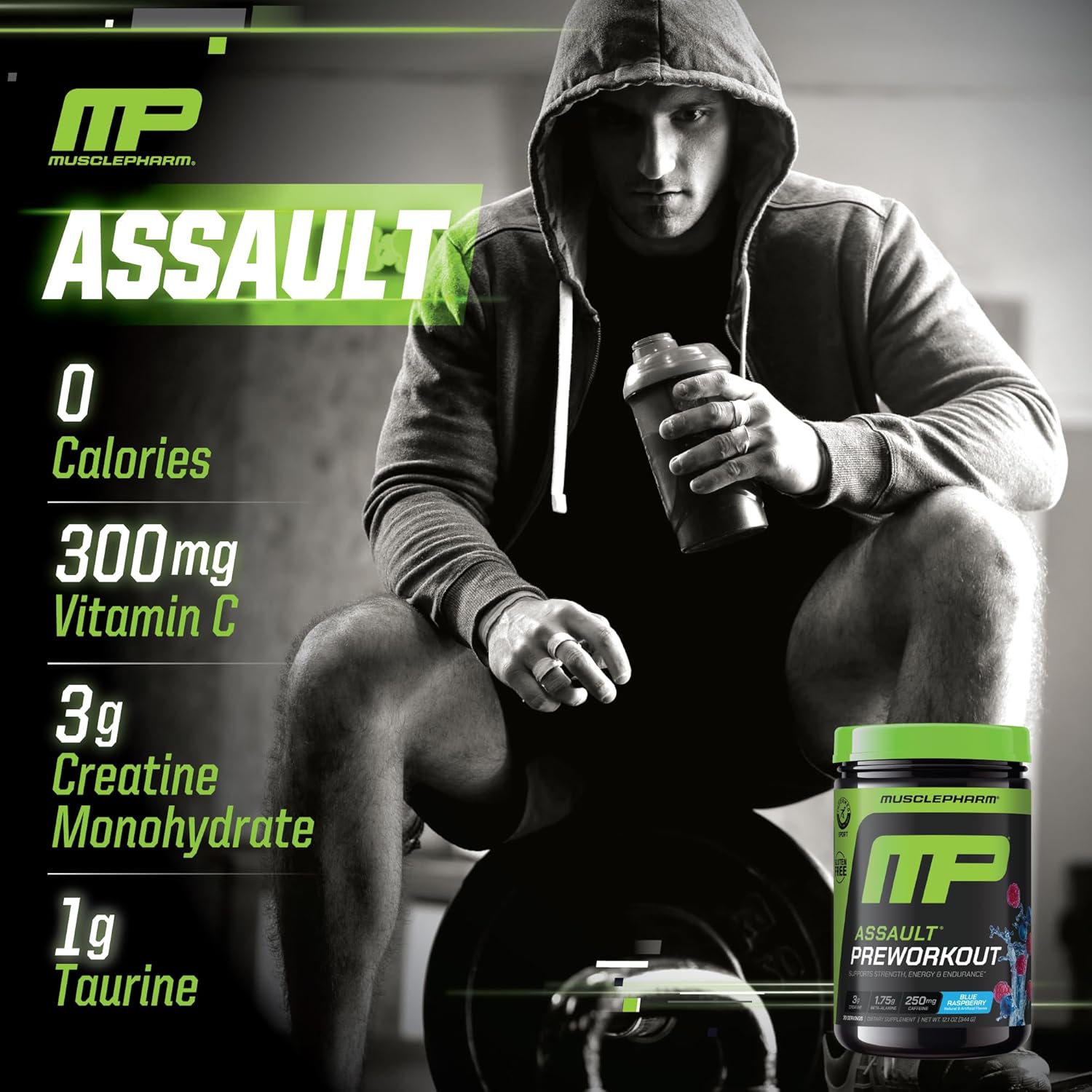 Muscle Pharm Assault Energy & Strength Pre Workout Powder For Men & Women With Beta Alanine, Caffeine, Creatine & Betaine Anhydrous, Pre-Workout Supplements, 30 Servings, Blue Raspberry Flavor : Health & Household