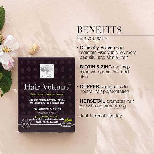 New Nordic Hair Volume 30 Tablets - Clinically Proven Hair Growth Vitamins - Biotin, Zinc & Apple - Visibly Thicker & Shiny Hair - For Women & Men