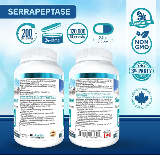 Bio Absorb Serrapeptase Enzyme, High Potency 120000 Units (SPU), 200-Day Supply, Delayed Release Vegetarian Capsules (DRcaps) for Maximum Absorption