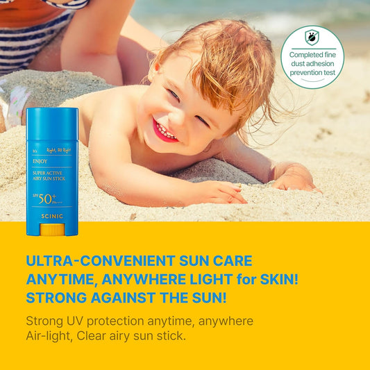 Scinic Enjoy Super Active Airy Sun Stick Spf50+ Pa++++ 0.53Oz (15G) | Strong Uv Protection Anytime, Anywhere Air-Light, Clear | Korean Skincare